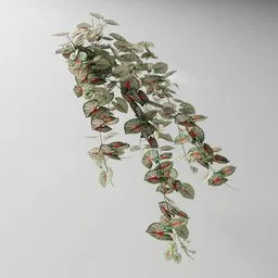 "Artificial tendril Caladium colored v2 3D model for Blender 3D - nature indoor category. Inspired by Per Kirkeby, featuring mint leaves and rose-brambles in a clean cel shaded style. Geometry nodes created with the Bagapia addon."