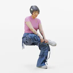 Sitting girl pink tshirt with jeans