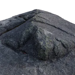 "Rock Face on top of Canadian Mountain - High-detail 3D model for Blender 3D. Moss-covered rock inspired by Johan Lundbye's artwork. Raytraced with smooth contours and defined edges, this panoramic anamorphic render features a landslide road, runestones, and steps. Perfect for creating realistic mountain landscapes in your 3D projects."