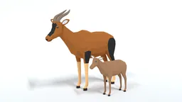 Low Poly Cartoon Topi Antelope with calf, optimized for Blender 3D, quads mesh, ideal for CG visualization.