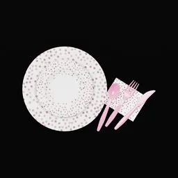Detailed 3D render of pink polka-dotted paper plates and cutlery for party setup visuals, created in Blender.