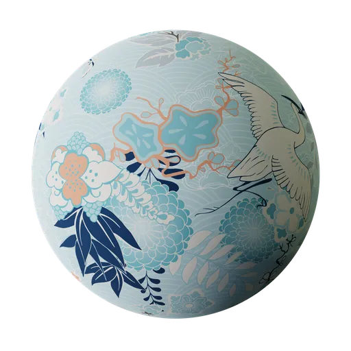 High-quality PBR Asian Cranes material, traditional paper texture with elegant bird and floral design for 3D rendering.