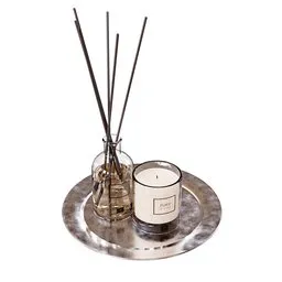 "Blender 3D model: Candle and essence on a silver tray, perfect for decorating bathrooms, bedrooms, and gourmet environments. Luxurious wooden coffee table, fig leaves, glossy finish, with metal handles and a delightful foil effect. A stunning addition to any 3D design project."