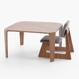 3D rendered wooden low chair and table set for kids, in Blender, with simple design and soft cushions.