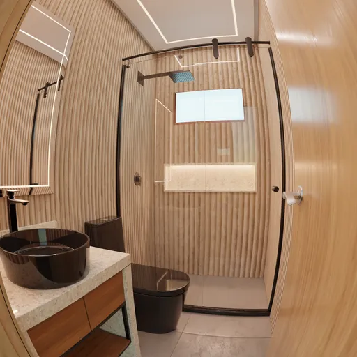 Realistic 3D-rendered tropical bathroom scene with modern fixtures and wooden accents suitable for Blender modeling.