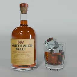 Whisky bottle and glass with ice