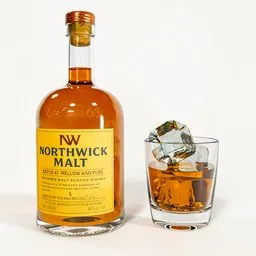 Whisky bottle and glass with ice