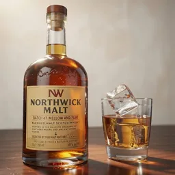 Whisky bottle and glass with ice