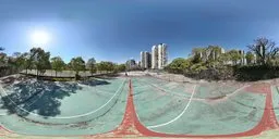 360-degree HDR panorama of an outdoor basketball court with clear skies for scene lighting.