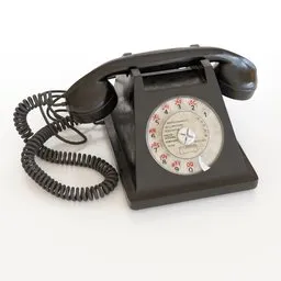 Highly detailed vintage black rotary dial telephone 3D model, compatible with Blender modeling software.
