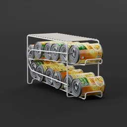 Highly detailed Blender 3D model of a white wireframe canned food rotation dispenser system on a dark background.