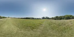 Sunny outdoor HDR panorama for realistic lighting and shadow in 3D scenes, with blue sky and grassy field.