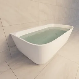 Realistic 3D model of a modern, freestanding bathtub with water, designed for Blender rendering.
