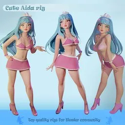 3D model Aida in various poses showcasing her versatility for game/animation, available for Blender 3D artists.