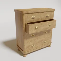 Detailed 3D Blender model of a vintage-style wooden chest with drawers and brass handles.