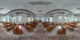 360-degree HDR image of a church interior with stained glass windows and wooden pews, 4k texture for scene lighting.