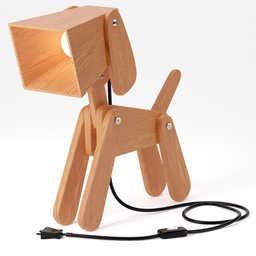 Realistic 3D wooden dog-shaped table lamp, PBR material, UV mapped for lifelike rendering.