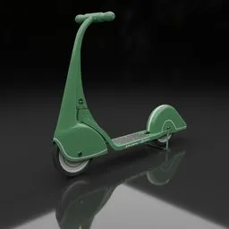 "Blender 3D model of the Skypper Scooter Racer, a retro vehicle inspired by Oswald Birley's art. Detailed and polished with Vray, this green scooter is perfect for product shots and 3D testing. Designed by Van Doren and Rideout and featured in mid-1930s children's playground equipment for the American National Company."