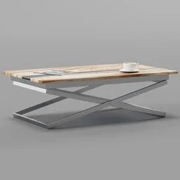 "Wooden table with an epoxy resin strip, metal legs, coffee cup and magazine on top - Blender 3D model."