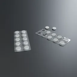 "High resolution 3D model of a white brandless sheet of pills and pill pack on a table. Inspired by Franz Fedier, this Blender 3D model is perfect for pharmacy-related projects. Available for renders and PSD spritesheet."
