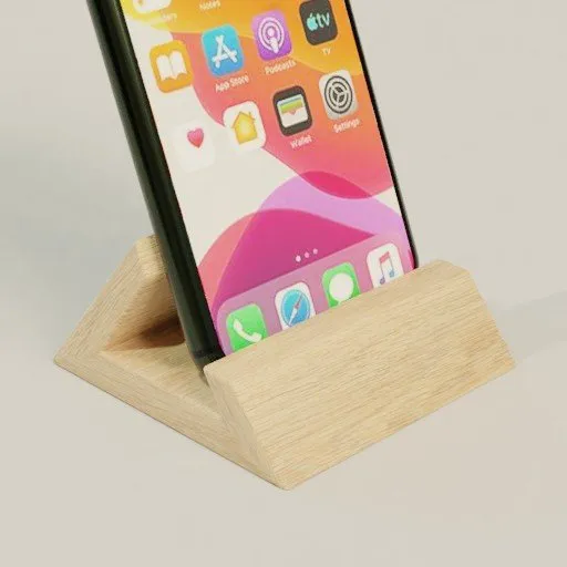 3D rendered phone holder model with a wooden texture, compatible with Blender 3D for art design.