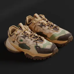 "Blender 3D model of Lacoste sneakers with camouflage and skin spikes, ideal for game characters and interior design. Inspired by Baiōken Eishun and rendered in Unreal Engine 5, these sneakers are perfect for creating a summer look. They come with GUI and olive details, making them a must-have asset for any footwear collection."