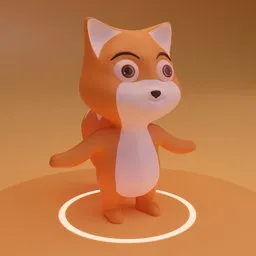 Cartoonish 3D fox model with big eyes and smooth textures, standing upright, optimized for Blender rendering.