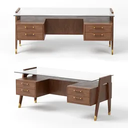 "Arezzo Desk 3D Model - Writing Desk with Drawers and Glass Top - Designed by Alfonso Marina for Blender 3D. Inspired by Alexander Kanoldt, this brown wood cabinet desk features sharp angular features and is popular in interior visualizations. Perfect for creating realistic interior scenes in Blender 3D."