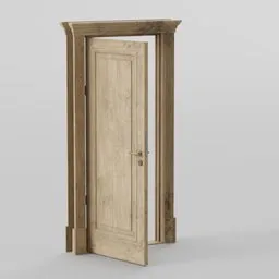 Detailed 3D model of a closed beech veined wooden door with frame and handle, high-quality texture, optimized for Blender rendering.