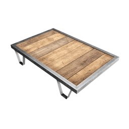 "Industrial Low Table: A mid-1900s, low-height table with wooden top and metal legs designed for Blender 3D. This 3D model is textured in Substance Painter, perfect for realistic rendering and visualization projects."