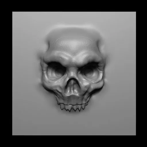 3D sculpting brush for Blender creating a detailed skull imprint on model surfaces.