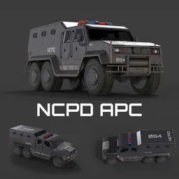 "Police NCPD APC van 3D model created in Blender with highly-rendered details and 4K textures. Inspired by Cui Zizhong graphics, this video game asset file is perfect for apocalypse-themed projects. Get it now for an affordable price of $9.99."