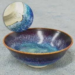 "Blue Chawan - Japanese Bowl, a high-detail 3D model for Blender 3D. Featuring a beautiful glazed ceramic design, this tableware set includes bowls with lids in muted multi-color lapis. Ideal for the Mandalorian fans, the bowl showcases a distressed paint look with sprinkles and crumbs, adorned with visible stitching. Perfect for creating realistic scenes in Blender 3D."