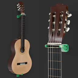 Realistic 3D modeled classical guitar with detailed textures and holder, suitable for Blender rendering and close-up views.