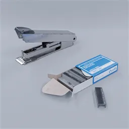 Detailed vintage-style stapler 3D model with internal spring mechanism and PBR texture, including staple box.