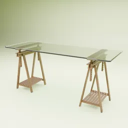 Detailed 3D rendering of a modern glass-top desk with wooden trestles, optimized for Blender 3D projects.