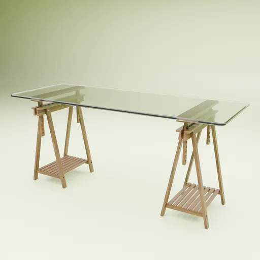 Detailed 3D rendering of a modern glass-top desk with wooden trestles, optimized for Blender 3D projects.