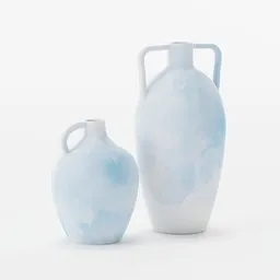 Realistic blue watercolor styled 3D vases model, perfect for Blender rendering and digital decor visualization.