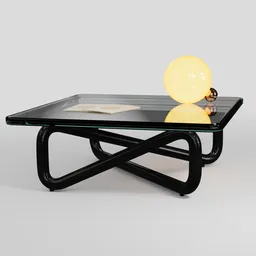 Elegant 3D-rendered coffee table with glass top and intertwined steel legs for Blender graphics artists.