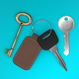 "Keys and Leather Keyring on Blue Background in Blender 3D Model. Scattered props with vibrant colors, ideal for mobile gaming or seamless game texture. Perfect for creating car-themed designs or in iOS app icons."
