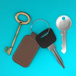 "Keys and Leather Keyring on Blue Background in Blender 3D Model. Scattered props with vibrant colors, ideal for mobile gaming or seamless game texture. Perfect for creating car-themed designs or in iOS app icons."