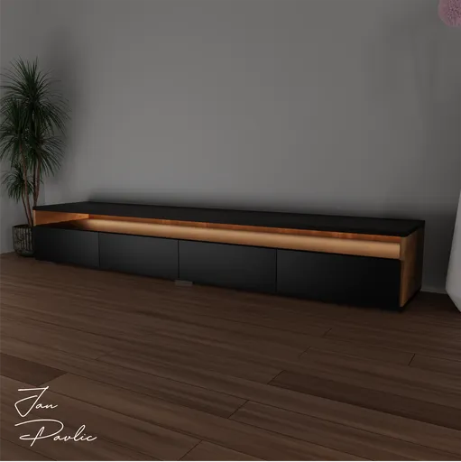 Elegant 3D wooden TV cabinet model with polished textures and sleek design for Blender rendering.