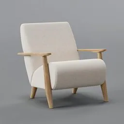Detail-oriented 3D render of a modern beige armchair with wooden arms, optimized for Blender users searching for quality models.