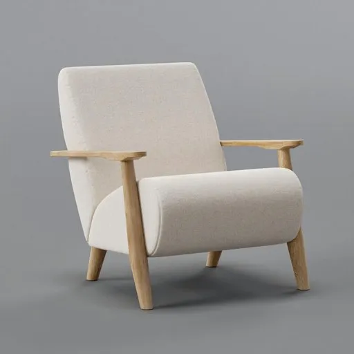 Detail-oriented 3D render of a modern beige armchair with wooden arms, optimized for Blender users searching for quality models.
