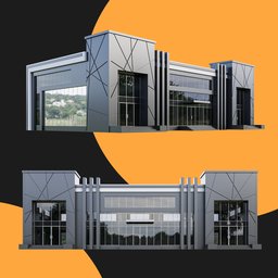 "Stylised Office Building in Blender 3D software with dark grey and orange color theme. Featuring a three-quarter view of the ultrastation HQ, the 3D model showcases the intricate design by M3D. Perfect for public architecture projects and conceptualization."