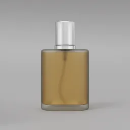 3D rendered realistic glass perfume bottle with metallic spray cap, designed in Blender for mockup presentations.
