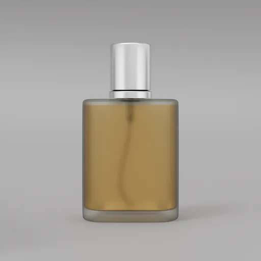 3D rendered realistic glass perfume bottle with metallic spray cap, designed in Blender for mockup presentations.