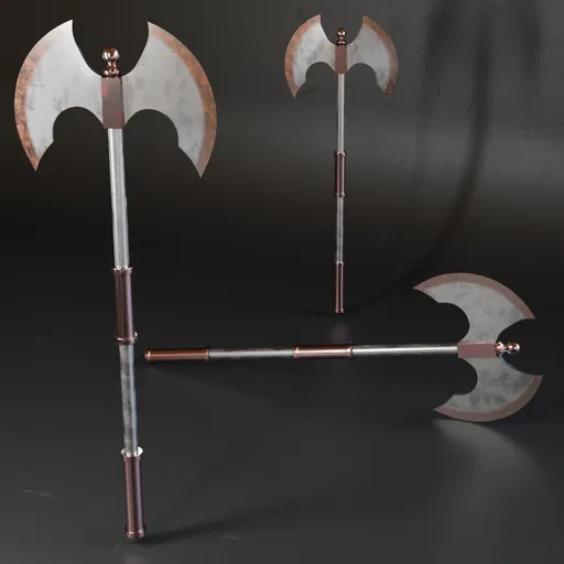 Detailed 3D model of a battle axe with high-quality metal texture, suitable for game design and Blender projects.