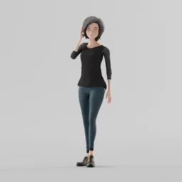 "Blender 3D model of a woman named Moma, wearing a black top and blue leggings, with long windblown black hair. This low-polygon model has clean topology, perfect proportions, and is rigged for animation. Ideal for travel-themed projects."