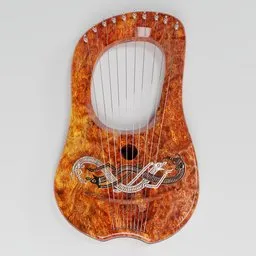 3D model of a modern lyre with steel strings and ornamental details, designed in Blender.